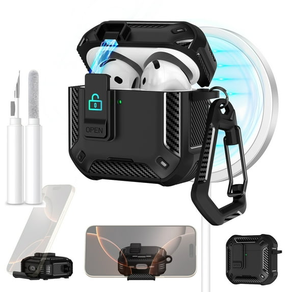 Allytechgroup Rugged Case for Apple Airpods Pro 1st/2nd Gen 2022/2019, with Cleaner Kit & Keychain Phone Stand Design Shockproof Bumper Wireless Charging Support Cover Case for Airpods Pro,Black