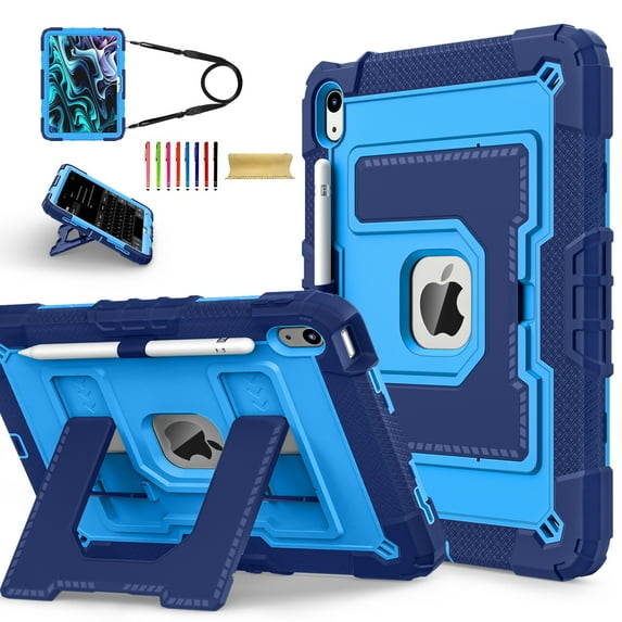Allytechgroup Rugged Case for Apple iPad 9th 8th 7th Generation 10.2 inch 2021/2020/2019, Heavy Duty Protective Tablet Case with Kickstand, Pencil Holder & Detachable Shoulder Strap, Navyblue