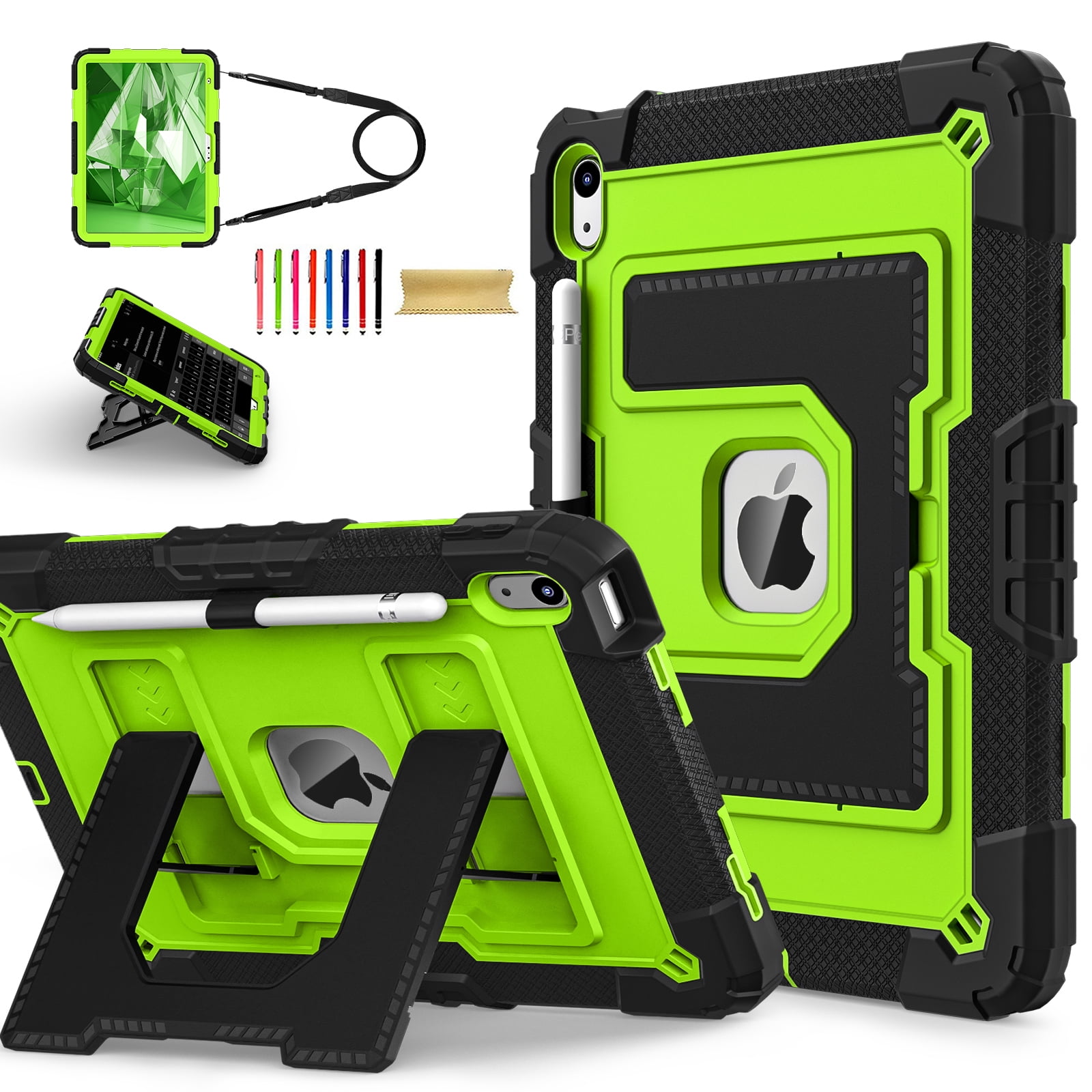 Allytechgroup Rugged Case for Apple iPad 9th 8th 7th Generation 10.2 inch 2021/2020/2019, Heavy Duty Protective Tablet Case with Kickstand, Pencil Holder & Detachable Shoulder Strap, Black+Green