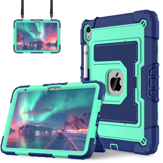 Allytechgroup Rugged Case for Apple iPad (A16) 11th Generation 11" 2025 & iPad 10th Generation 10.9" 2022, Heavy Duty Tablet Case with Kickstand, Pencil Holder & Detachable Shoulder Strap,Black+Green