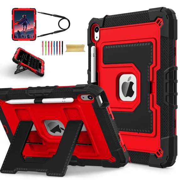 Allytechgroup Rugged Case for Apple iPad (A16) 11th Generation 11" 2025 & iPad 10th Generation 10.9" 2022, Heavy Duty Tablet Case with Kickstand, Pencil Holder & Detachable Shoulder Strap,Black+Red