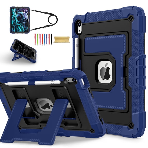 Allytechgroup Rugged Case for Apple iPad (A16) 11th Generation 11" 2025 & iPad 10th Generation 10.9" 2022, Heavy Duty Tablet Case with Kickstand, Pencil Holder & Detachable Shoulder Strap,Navy+Black