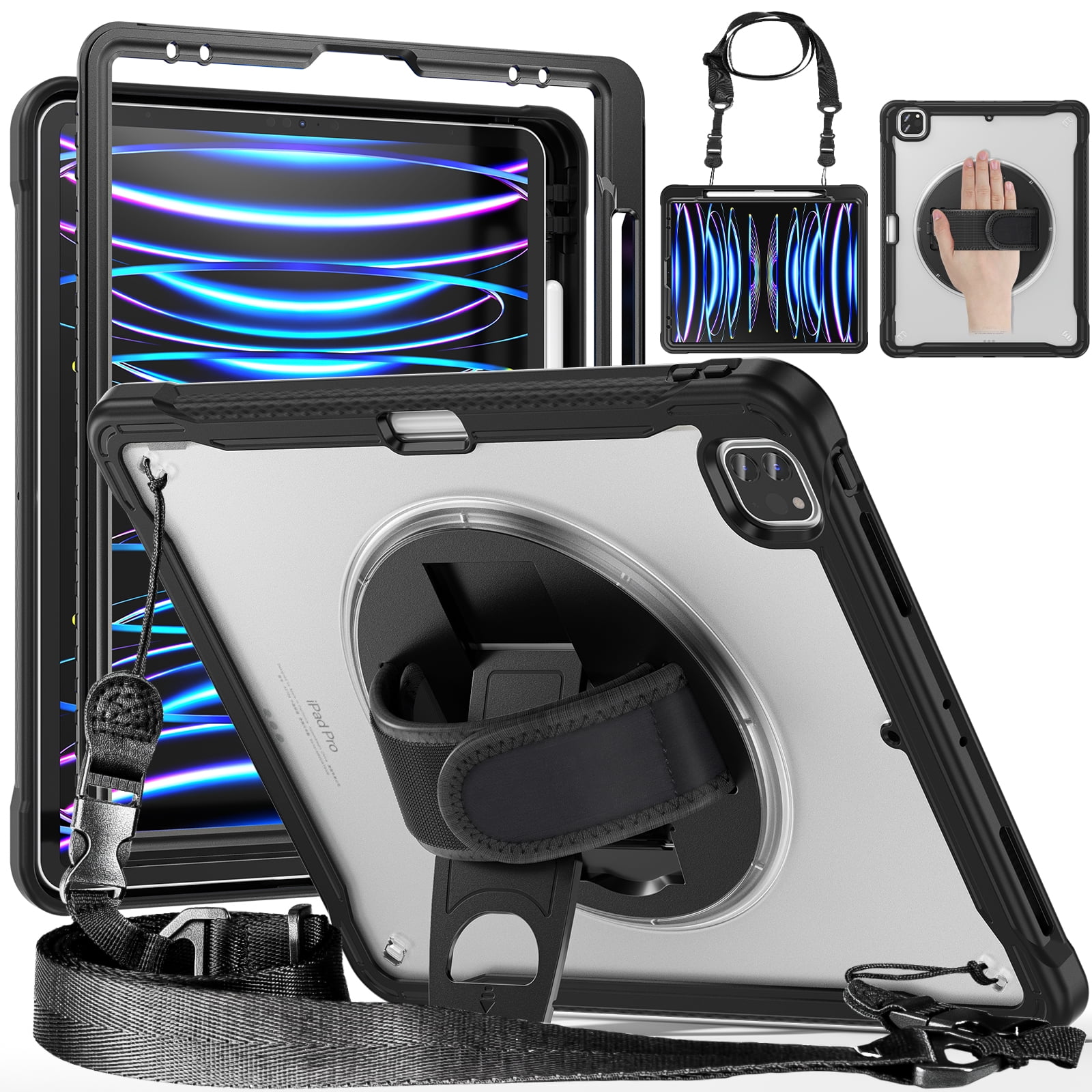 Allytechgroup Rugged Case for Apple iPad Air 11 Inch M4 M3 M2 2026 2025 2024, Kicktand Translucent Back Cover Shockproof Adjustable Shoulder Strap Kids Friendly with Pencil Holder, Black