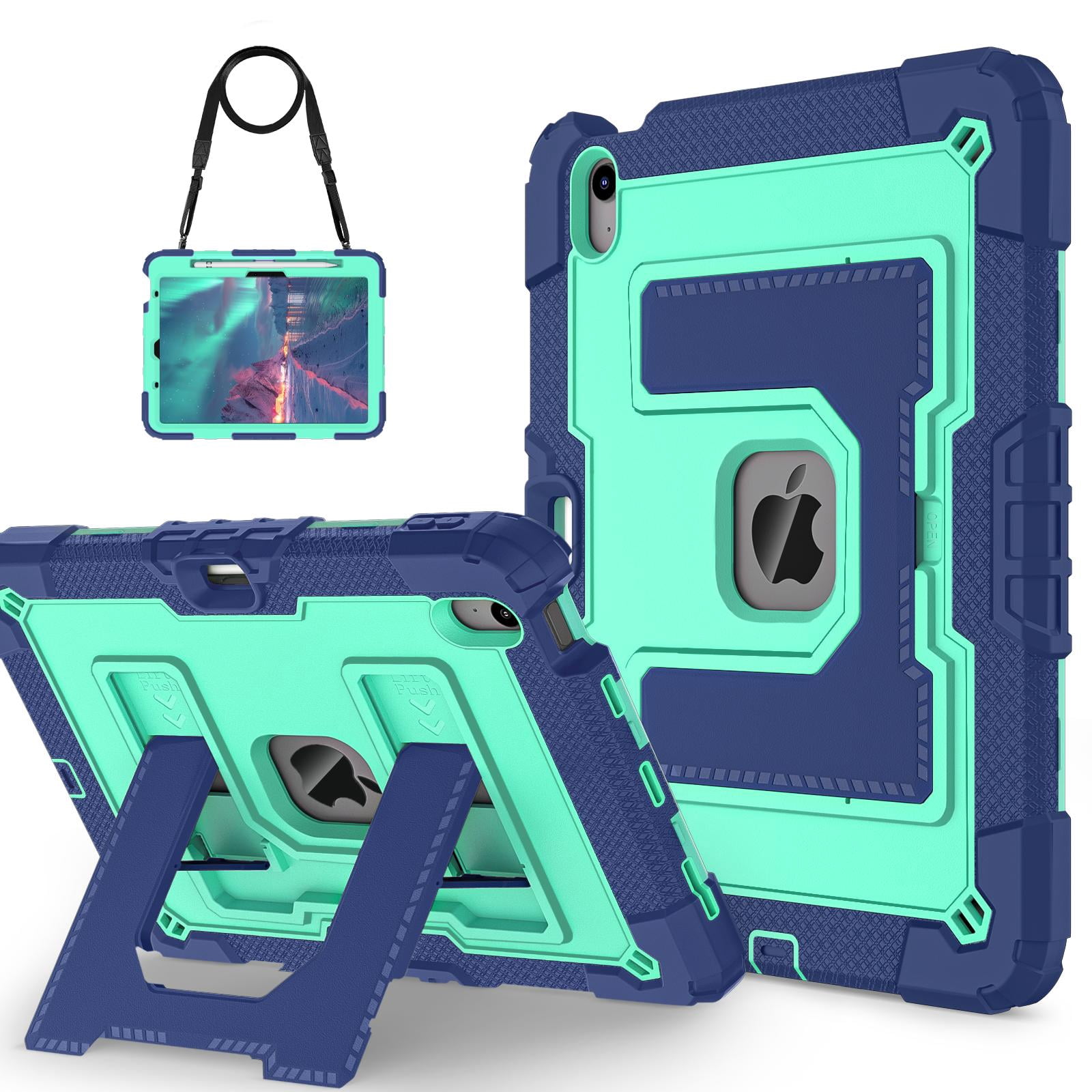 Rugged Case for Apple iPad Air 11 Inch M4 M3 M2 2026/2025/2024/ iPad Air 5th 4th Gen 10.9", Heavy Duty Tablet Case with Kickstand, Pencil Holder & Detachable Shoulder Strap,Black+Green