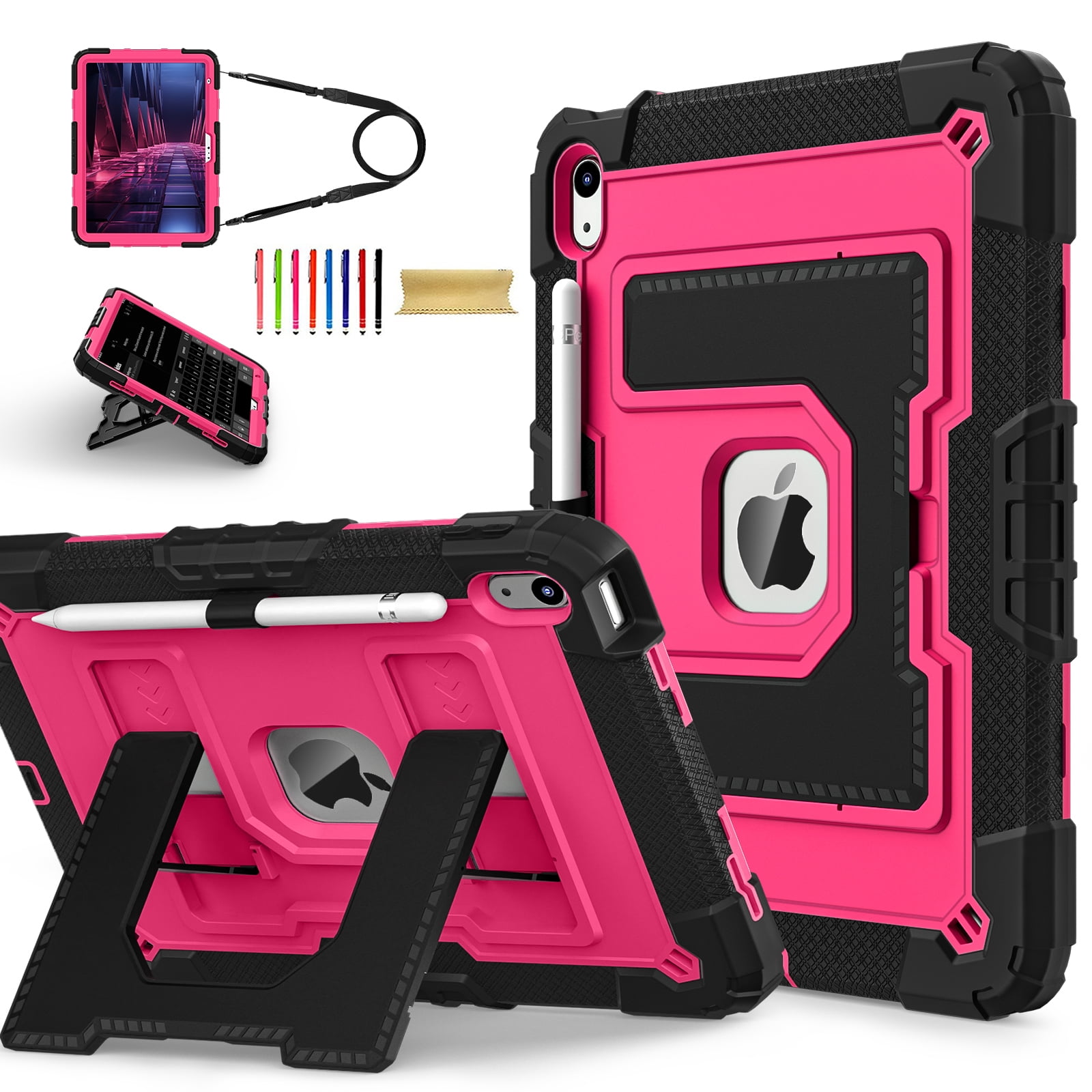 Allytechgroup Rugged Case for Apple iPad Mini 7th Gen / iPad Mini 6th Gen 8.3 Inch, Heavy Duty Protective Tablet Case with Kickstand, Pencil Holder & Detachable Shoulder Strap, Black+Rose
