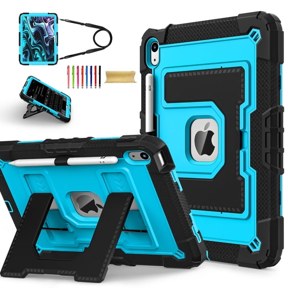 Allytechgroup Rugged Case for Apple iPad Mini 7th Gen / iPad Mini 6th Gen 8.3 Inch, Heavy Duty Protective Tablet Case with Kickstand, Pencil Holder & Detachable Shoulder Strap, Black+Blue