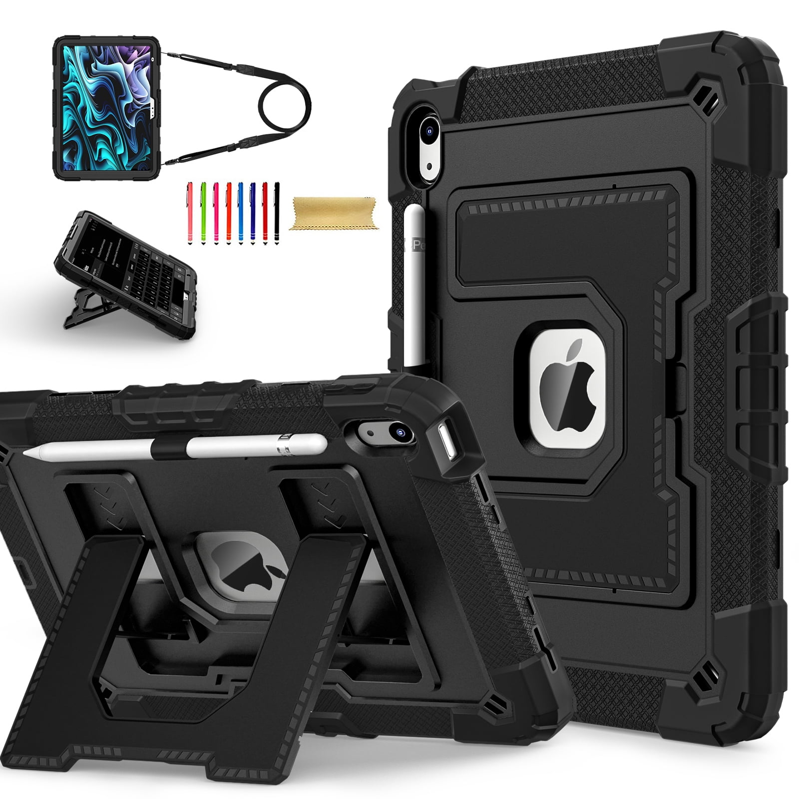 Allytechgroup Rugged Case for Apple iPad Mini 7th Gen / iPad Mini 6th Gen 8.3 Inch, Heavy Duty Protective Tablet Case with Kickstand, Pencil Holder & Detachable Shoulder Strap, Black