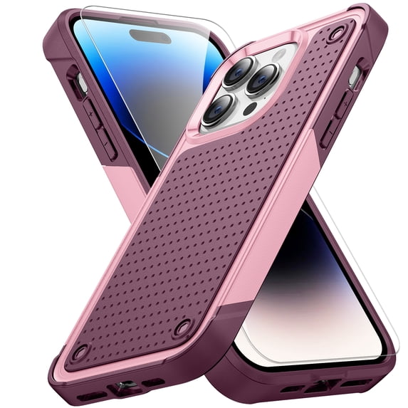 Allytechgroup Rugged Case for Apple iPhone 14 Plus with 1 Pack Screen Protector, Military Grade Protective Anti-Slip Bumper Drop Proof Dual Layers TPU PC Back Case Cover for iPhone 14 Plus, Rose