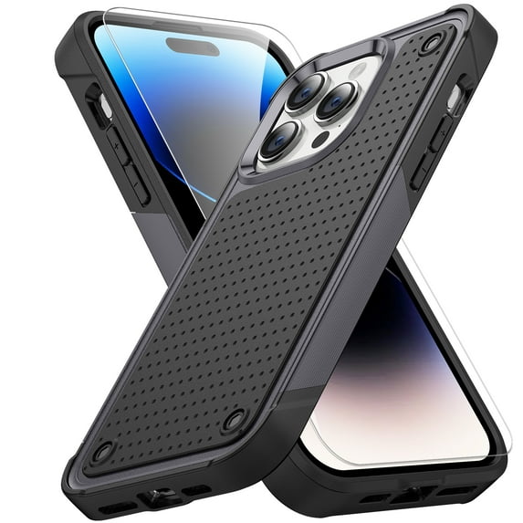 Allytechgroup Rugged Case for Apple iPhone 15 with 1 Pack Screen Protector, Military Grade Protective Anti-Slip Bumper Drop Proof Dual Layers TPU PC Back Case Cover for iPhone 15, Gray