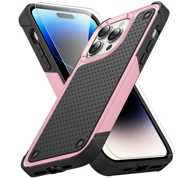 Allytechgroup Rugged Case for Apple iPhone 16 with 1 Pack Screen Protector, Military Grade Protective Anti-Slip Bumper Drop Proof Dual Layers TPU PC Back Case Cover for iPhone 16, Pink