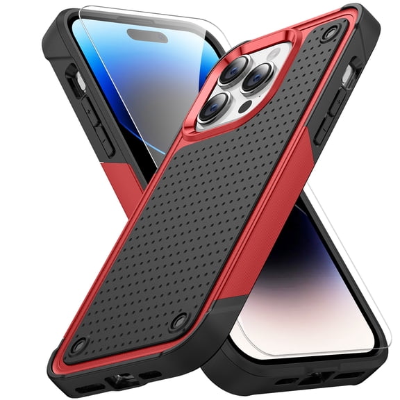 Allytechgroup Rugged Case for Apple iPhone 16 Plus with 1 Pack Screen Protector, Military Grade Protective Anti-Slip Bumper Drop Proof Dual Layers TPU PC Back Case Cover for iPhone 16 Plus, Red