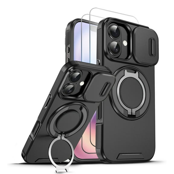 Allytechgroup Rugged Case for Apple iPhone 17 with 2 Pcs Screen Protector, Sliding Camera Lens Cover Rotating Kickstand Anti-Scratch Magnetic Back Cover Compatible with Car Mount,Black
