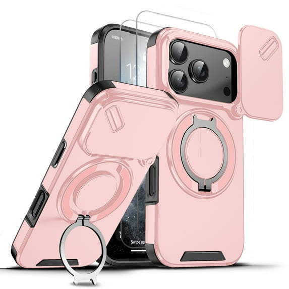 Allytechgroup Rugged Case for Apple iPhone 17 Pro with 2 Pcs Screen Protector, Sliding Camera Lens Cover Rotating Kickstand Anti-Scratch Magnetic Back Cover Compatible with Car Mount,Pink