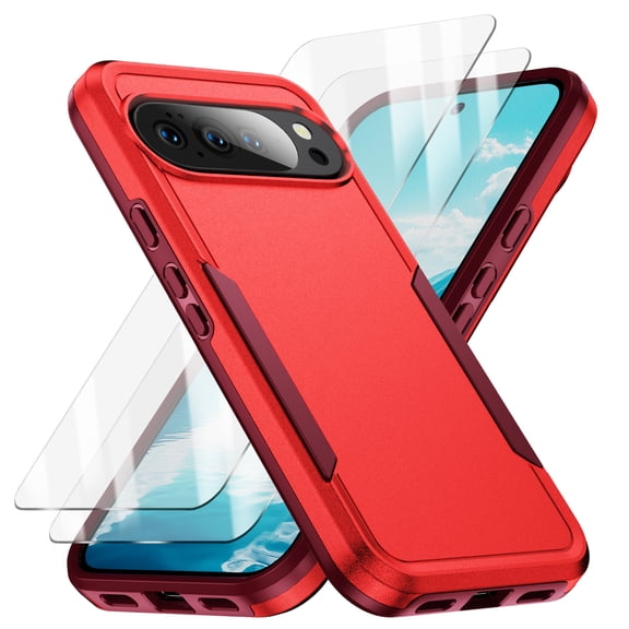 Allytechgroup Rugged Case for Google Pixel 10 /10 Pro, with 2 Pcs Screen Protector Full Body Shockproof Anti-Scratch Hybrid TPU PC Bumper Back Cover Phone Case for Women Men, Red+Rose