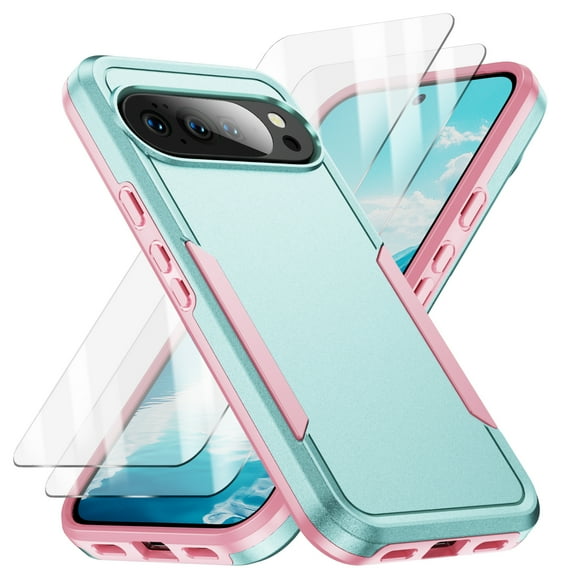Allytechgroup Rugged Case for Google Pixel 10 /10 Pro, with 2 Pcs Screen Protector Full Body Shockproof Anti-Scratch Hybrid TPU PC Bumper Back Cover Phone Case for Women Men, Green+Pink