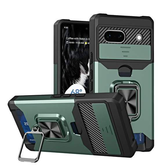 Allytechgroup Rugged Case for Google Pixle 6, Sliding Camera Lens Protector [Cards Slot] Kickstand Shockproof BumperCompatible with Car Mount Magnetic Back Cover for Google Pixle 6, Darkgreen