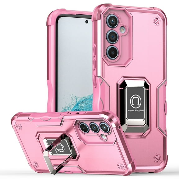 Allytechgroup Rugged Case for Samsung Galaxy S24 FE with 1X Screen Protector, [Support Magnetic Car Mount] Military Grade Drop Protection Non-Slip Cover Case with Ring Stand, Pink