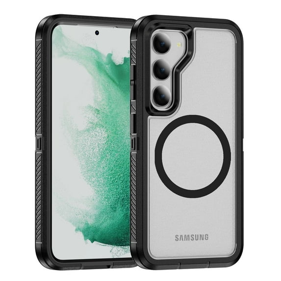 Allytechgroup Rugged Case for Samsung Galaxy S24 Plus, Compatible with Magsafe Wireless Charging Support Anti-Scratch Drop Protection Bumper Anti-Fingerprint Back Cover Case, Black+Clear