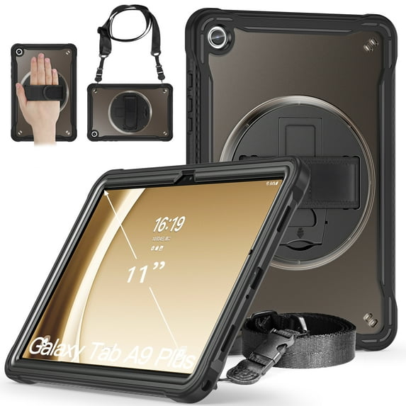 Allytechgroup Rugged Case for Samsung Galaxy Tab A11 8.7" 2025, Rotating Kicktand Translucent Back Cover Shockproof Adjustable Shoulder Strap Kids Friendly Lightweight Cover, A