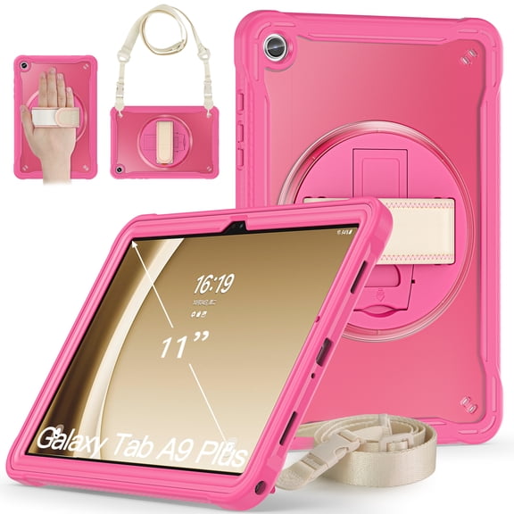 Allytechgroup Rugged Case for Samsung Galaxy Tab A11+ Plus 2025, Rotating Kicktand Translucent Back Cover Shockproof Adjustable Hand Strap Shoulder Strap Kids Friendly Lightweight Cover,Rose