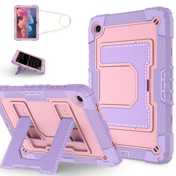 Allytechgroup Rugged Case for Samsung Galaxy Tab A9+ Plus 11" SM-X210 X215 X216, 3-Layers TPU pc with Shoulder Strap Shockproof Dual Angle Stand Kids Friendly Case for Galaxy Tab A9+,Purple+Rosegold