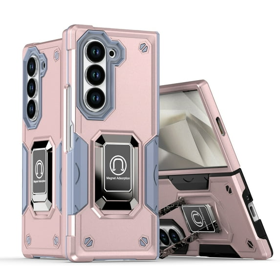 Allytechgroup Rugged Case for Samsung Galaxy Z Fold 6 with 1X Screen Protector, Military Grade Drop Protection Non-Slip Cover Case with Ring Stand Shockproof Back Cover for Women Men, Rosegold
