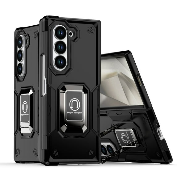 Allytechgroup Rugged Case for Samsung Galaxy Z Fold 6 with 1X Screen Protector, Military Grade Drop Protection Non-Slip Cover Case with Ring Stand Shockproof Back Cover for Women Men, Black