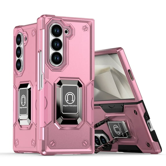 Allytechgroup Rugged Case for Samsung Galaxy Z Fold 6 with 1X Screen Protector, Military Grade Drop Protection Non-Slip Cover Case with Ring Stand Shockproof Back Cover for Women Men, Pink