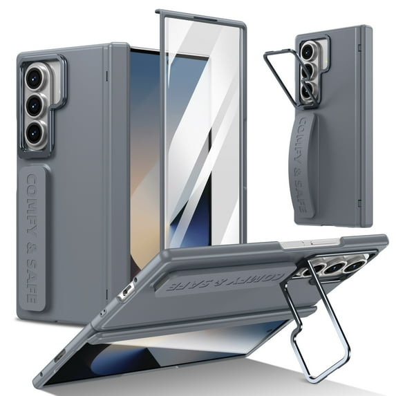 Allytechgroup Rugged Case For Samsung Galaxy Z Fold 7 with Screen Protector, Camera Lens Kickstand Grip Band Shockproof Bumper Phone Case for Women Men Compatible with Galaxy Z Fold 7,Gray