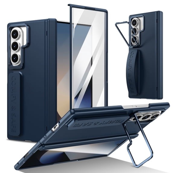 Allytechgroup Rugged Case For Samsung Galaxy Z Fold 7 with Screen Protector, Camera Lens Kickstand Grip Band Shockproof Bumper Phone Case for Women Men Compatible with Galaxy Z Fold 7,Darkblue