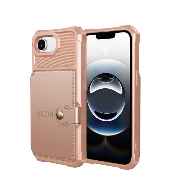 Allytechgroup Rugged Case for iPhone 16e Support Magnetic Car Mount, Premium PU Leather Flip Card Cash Holder Pocket Shockproof Anti-Fall Back Case for iPhone 16e, Rosegold