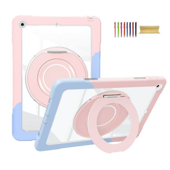 Allytechgroup Rugged Clear Case for Apple iPad 10.2" 9th/8th/7th Generation, Rotating Stand Bumper Anti-Scratch Handle Kids Friendly Lightweight Case for iPad 10.2" 2021/2020/2019, Blue+Pink