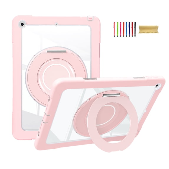 Allytechgroup Rugged Clear Case for Apple iPad 10.2" 9th/8th/7th Generation, Rotating Stand Bumper Anti-Scratch Handle Kids Friendly Lightweight Case for iPad 10.2" 2021/2020/2019, Pink