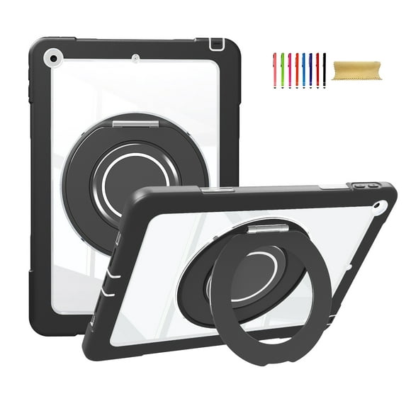 Allytechgroup Rugged Clear Case for Apple iPad 10.2" 9th/8th/7th Generation, Rotating Stand Bumper Anti-Scratch Handle Kids Friendly Lightweight Case for iPad 10.2" 2021/2020/2019, Black