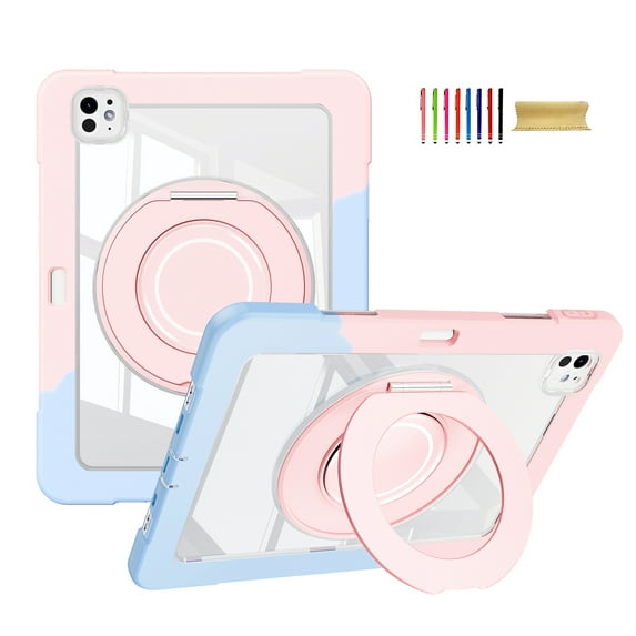 Allytechgroup Rugged Clear Case for Apple iPad Pro 11 M4 2024, Clear Back Rotating Stand Handle Kids Friendly Shockproof Case Cover for iPad Pro 11 Inch 2024, Blue+Pink