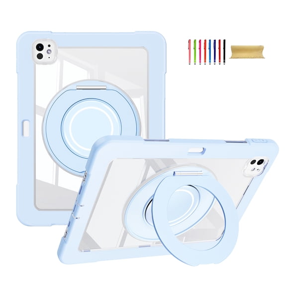 Allytechgroup Rugged Clear Case for Apple iPad Pro 11 M4 2024, Clear Back Rotating Stand Handle Kids Friendly Shockproof Case Cover for iPad Pro 11 Inch 2024, Blue