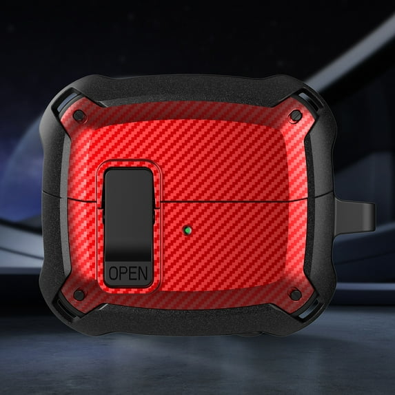 Allytechgroup Rugged Cover for Samsung Galaxy Buds 3 / Buds 3 Pro, Carbon Fiber Case with Secure Lock Clip & Keychain Bumper Dustproof Hard Shell for Women Men Support Wireless Charging Case,Red