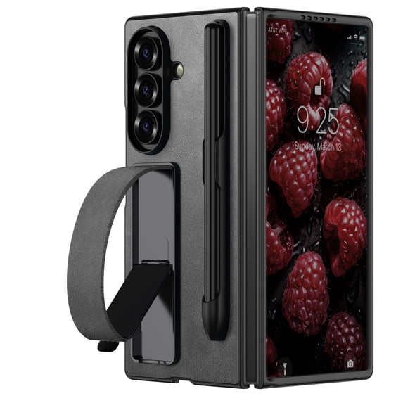 Allytechgroup Rugged Faux Leather Case for Samsung Galaxy Z Fold 6, Shock-Absorbent Lightweight Non-Slip with Pen Holder & Kickstand & Free Stylus & Wrist Strap for Samsung Galaxy Z Fold 6, Gray
