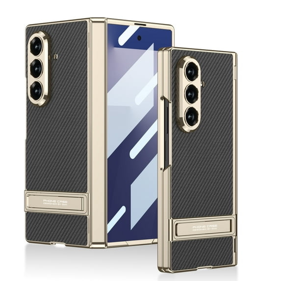 Allytechgroup Rugged Faux Leather Case for Samsung Galaxy Z Fold 7 with Tempered Glass Screen Protection, Support Wireless Charging Shockproof Cover with Kickstand Anti-Fingerprint, Carbonfiber