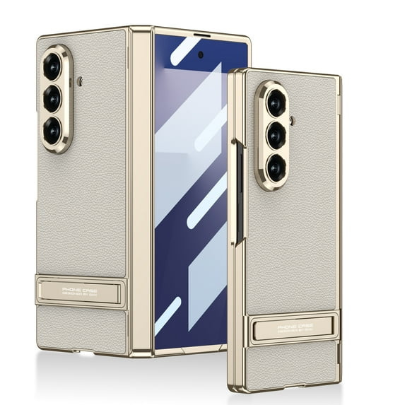Allytechgroup Rugged Faux Leather Case for Samsung Galaxy Z Fold 7 with Tempered Glass Screen Protection, Support Wireless Charging Shockproof Cover with Kickstand Anti-Fingerprint, Titaniumgray
