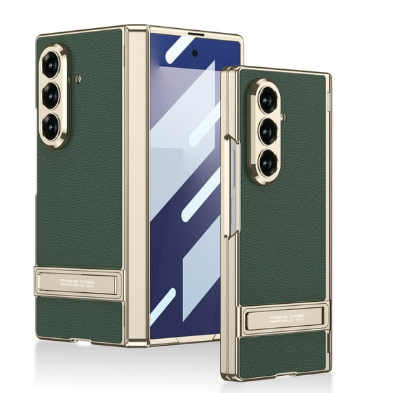 Allytechgroup Rugged Faux Leather Case for Samsung Galaxy Z Fold 7 with Tempered Glass Screen Protection, Support Wireless Charging Shockproof Cover with Kickstand Anti-Fingerprint, Darkgreen