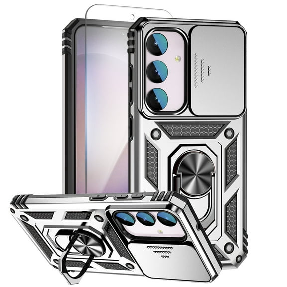 Allytechgroup Rugged Galaxy A16 5G Case with 1 Screen Protector, Phone Case for Samsung Galaxy A16 5G with Sliding Camera Cover, Ring Kickstand, PC+TPU Military Grade Protection,Silver