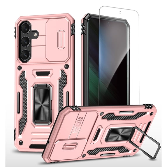 Allytechgroup Rugged Galaxy A16 5G Case with Screen Protector & Camera Lens Cover, Magnetic Phone Case for Samsung Galaxy A16 5G with Ring Holder Kickstand & Military Grade Protection, Rosegold