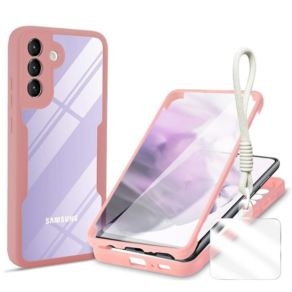 Allytechgroup Rugged Galaxy S24+ Plus Case with Built-in Screen Protector & Hand Strap, Full Body Shockproof Clear Cover for Samsung Galaxy S24+, Anti-Scratch Samsung Galaxy S24+ Case,Pink