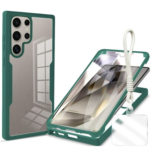 Allytechgroup Rugged Galaxy S24 Ultra Case with Built-in Screen Protector & Hand Strap, Full Body Shockproof Clear Cover for Samsung Galaxy S24 Ultra, Anti-Scratch Galaxy S24 Ultra Case,Darkgreen