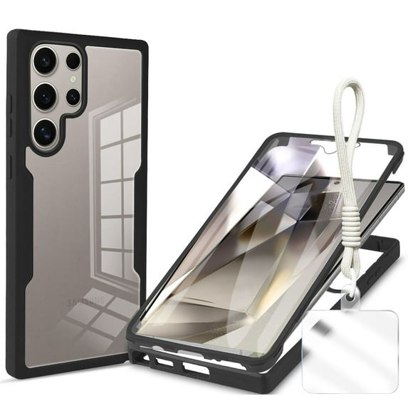 Allytechgroup Rugged Galaxy S25 Ultra Case with Built-in Screen Protector & Hand Strap, Full Body Shockproof Clear Cover for Samsung Galaxy S25 Ultra, Anti-Scratch Galaxy S25 Ultra Case,Black