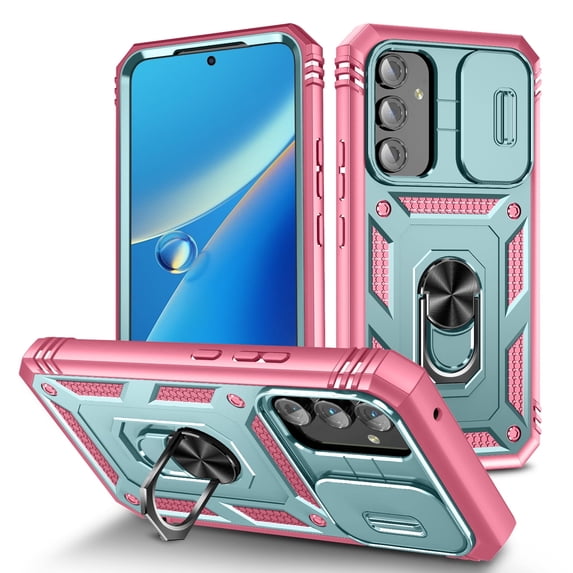 Allytechgroup Rugged Hybrid Case Cover for Samsung Galaxy A55, Ring Holder Stand Anti-Scratch Shockproof Sliding Lens Protector Bumper Phone Case for Women Men, Green+Pink