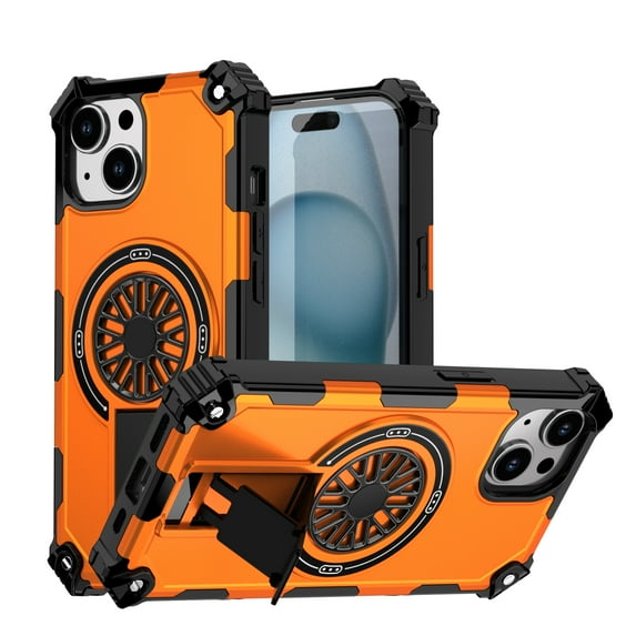 Allytechgroup Rugged Magnetic Case for Apple iPhone 14, Military-Grade Shockproof Phone Cover with Kickstand,Spinner Fidget Ring,Wireless Charging Support, Dual Layer PC+TPU Protection,Orange