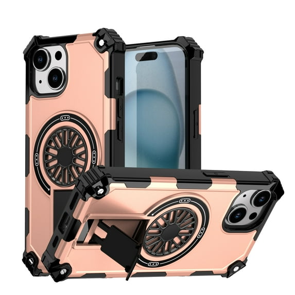 Allytechgroup Rugged Magnetic Case for Apple iPhone 14, Military-Grade Shockproof Phone Cover with Kickstand,Spinner Fidget Ring,Wireless Charging Support, Dual Layer PC+TPU Protection,Rosegold