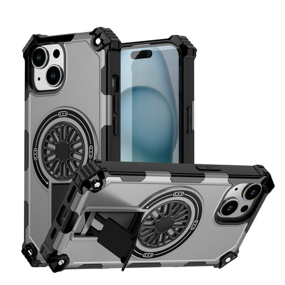 Allytechgroup Rugged Magnetic Case for Apple iPhone 15, Military-Grade Shockproof Phone Cover with Kickstand,Spinner Fidget Ring,Wireless Charging Support, Dual Layer PC+TPU Protection,Silver